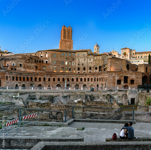 Panoramic of the Market of Trajan (Roman Emperor), seen at dusk with clear sky in Roma, Italy