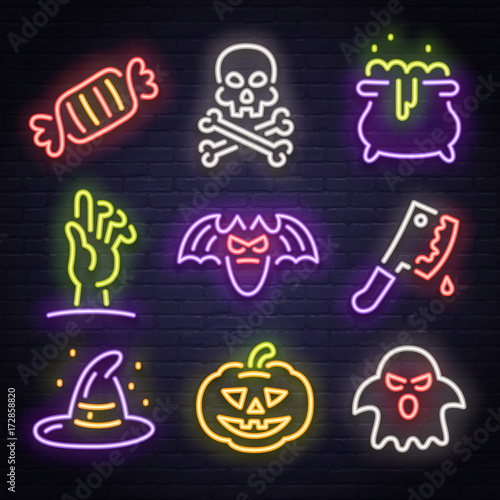 Big set icon neon sign. Happy Halloween. Neon sign, bright signboard, light banner. 