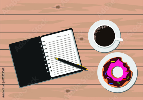 Notebook with pen, donut and coffee on wooden table
