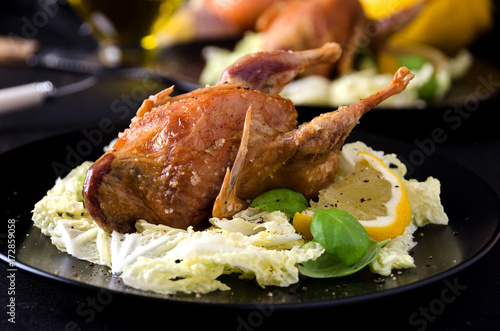 quail fowl baked salad leaves basil lemon