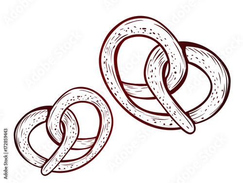Two baking pretzels on isolated white background. Bakery poster