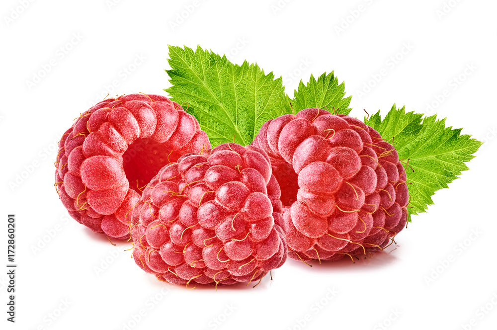 Raspberry with leaves isolated on white background. Raspberry with leaves isolated on white background.