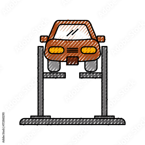 cartoon car with alignment device at wheel alignment service station vector illustration