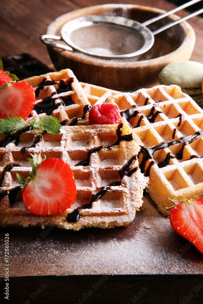 Belgian waffles with strawberries and raspberries, homemade heal Belgian waffles with strawberries and raspberries, homemade heal