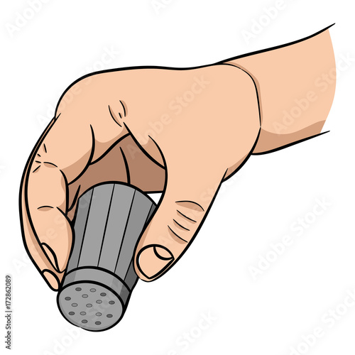 hand with the salt shaker on white background