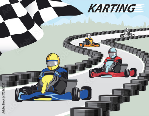Karting. Leader pulls forward on the track for karts. Kart competition. / Competition, Championship, Winner. Flat design, vector illustration