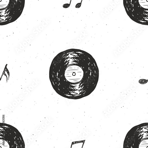 Vinyl record vintage seamless pattern hand drawn label sketch, grunge textured retro badge, typography design t-shirt print, vector illustration