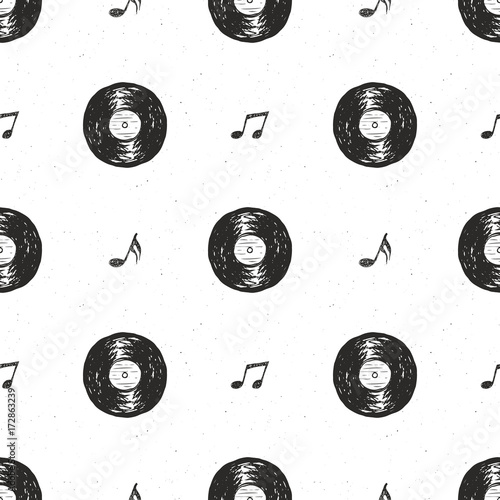 Vinyl record vintage seamless pattern hand drawn label sketch, grunge textured retro badge, typography design t-shirt print, vector illustration