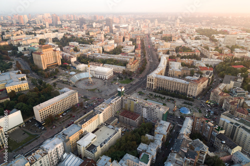 A view from the air to the central street of Kiev - Khreshchatyk, the European Square, Independence Square, Stalin and modern architecture. Ukraine