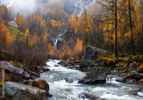 yellow larch and waterfalls in the autumnal Alps