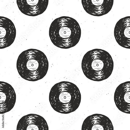 Vinyl record vintage seamless pattern hand drawn label sketch, grunge textured retro badge, typography design t-shirt print, vector illustration