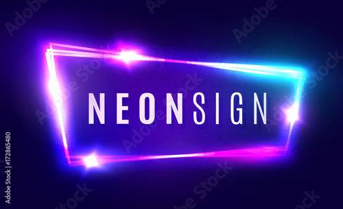 Night Club Neon Sign. Blank 3d Retro Light Signboard With Shining Neon Effect. Techno Frame With Glowing On Dark Blue Backdrop. Electric Street Banner Design. Colorful Vector Illustration in 80s Style