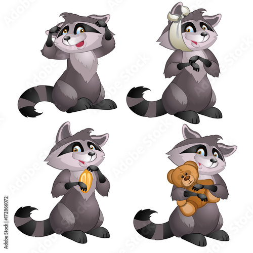 Funny raccoon, another one with bandage on head, with nut and with toy bear - 4 images of character. Funny animals for animation, childrens illustrations, book and other design needs. Vector isolated