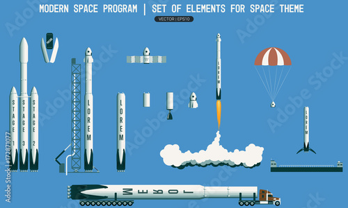 Set of elements for space subject. modern space program. rocket, launch vehicle, satellite, launch pad, payload. Flight stages in space. Landing of a rocket on the platform in the ocean photo