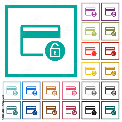 Unlock credit card transactions flat color icons with quadrant frames