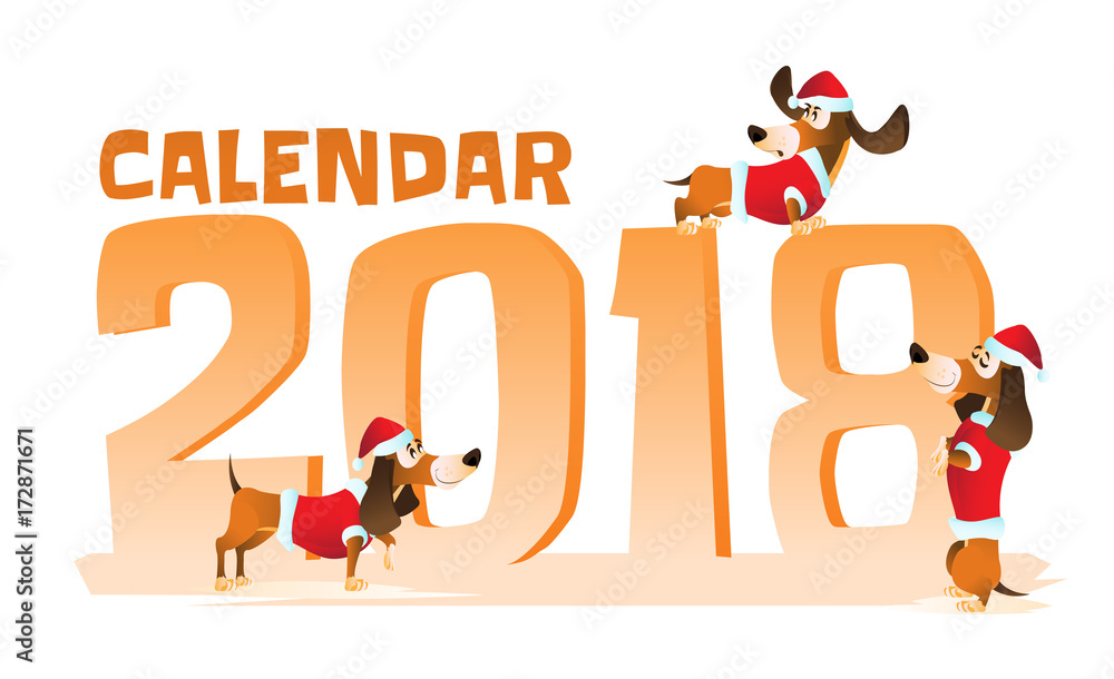Fototapeta premium Cartoon brown dachshund in Santa's hat and red jacket in different poses. Hand drawn vector illustration for Christmas and Happy New Year 2018 isolated on white background.