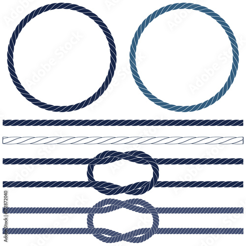 Isolated navy rope, marine knots, striped rope in blue and white