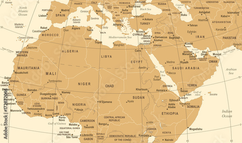 North Africa Map - Vintage Vector Illustration