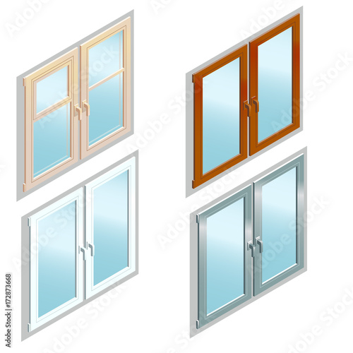 Different types of windows in isometric view / Gradient fill vector icons set
