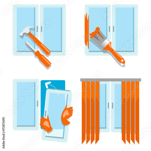 Icons for window service / There are icons for window service like repairing, painting, installing, and tuning
