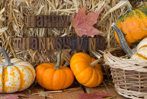 Happy Thanksgiving Sign With Colorful Pumpkins and Gourds