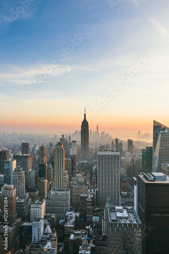 View of New York City at sunset with copy space.