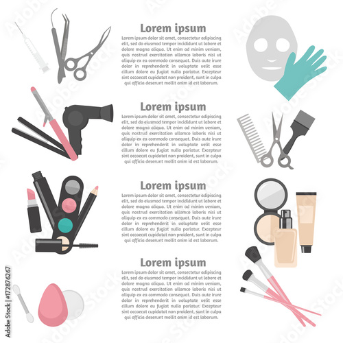 Flat design elements of cosmetology, hairdressing, makeup and manicure. Spa Tools and equipment set. Cosmetic Instrument isolated. Scissors, brushes and devices