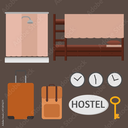 Economy Hostel . Budget hotel dormitory room interior, bunk bed, shared bathroom and common areas.