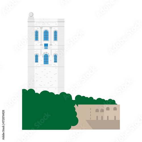 Flat building of Monaco country, travel icon landmark in Monte Carlo. City architecture. World travel vacation sightseeing European. Side of Oceanographic Institute museum.
