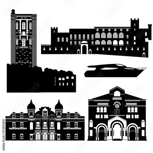 Flat black and white building of Monaco country, travel icon landmarks in Monte Carlo. City architecture. World travel vacation sightseeing European collection.