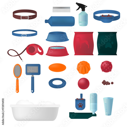 Flat isolated set of dog items elements. Pet icons walking, feeding, grooming salon equipment. Doggy tools groomer collection, healthy nutrition.