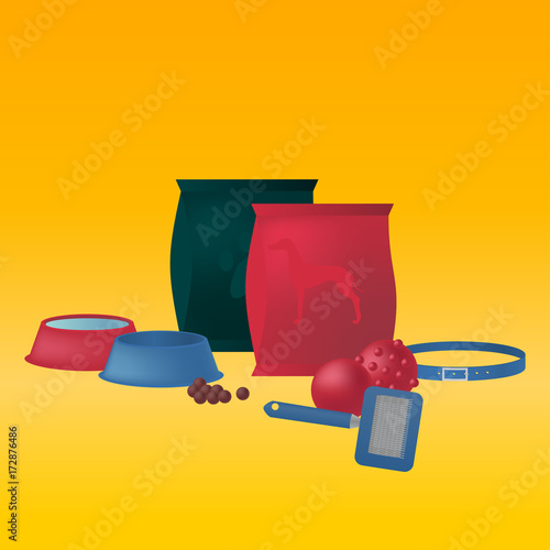 Flat isolated set of dog items elements. Pet icons walking, feeding, grooming salon equipment. Doggy tools groomer collection, healthy nutrition.