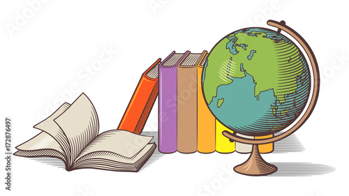 Still life with stationary items. Globe and books. Colored retro-style vector illustration