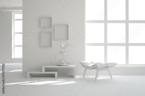 Idea of white minimalist room with chair. Scandinavian interior design. 3D illustration