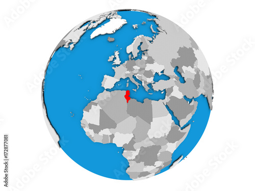 Tunisia on globe isolated