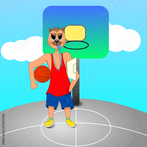 angry cat basketball coach is on the basketball court holding ball in hand.