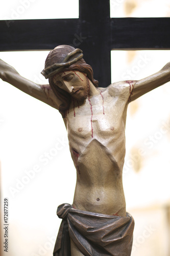 The image of the crucifixion of Jesus Christ in the Catholic Church. Lecce, Apulia, Italy.