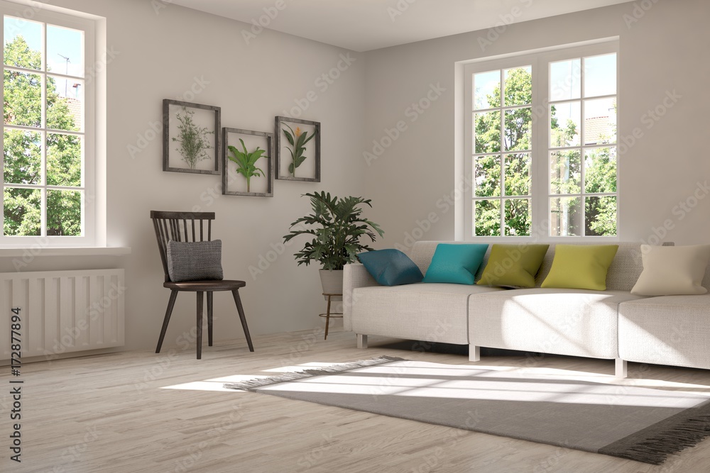 Fototapeta premium Idea of white room with sofa and summer landscape in window. Scandinavian interior design. 3D illustration