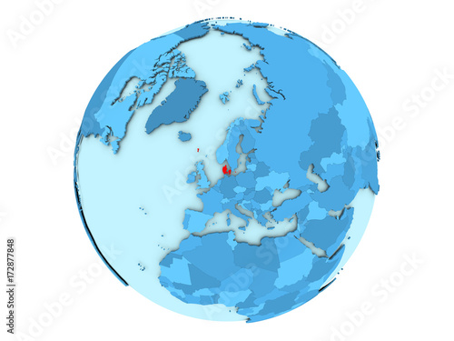Denmark on blue globe isolated