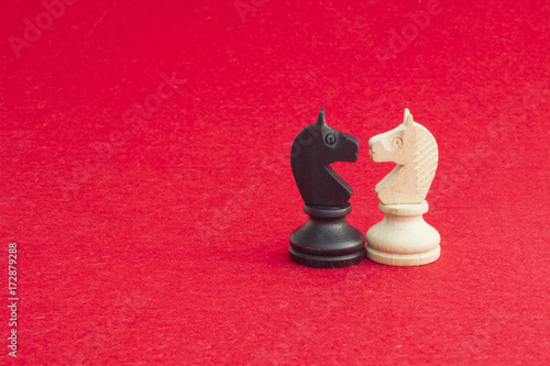 White horse and black horse, traditionally confronted in chess game, have reconciled. Image in isolated red background