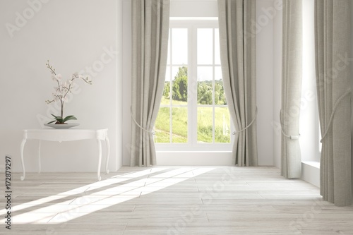 Inspiration of white empty room with summer landscape in window. Scandinavian interior design. 3D illustration © AntonSh