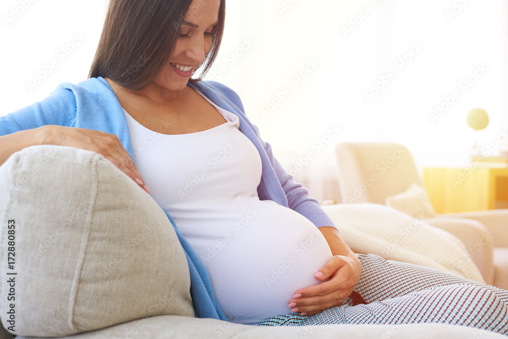 Pregnant woman on sofa caressing her belly Pregnant woman on sofa caressing her belly