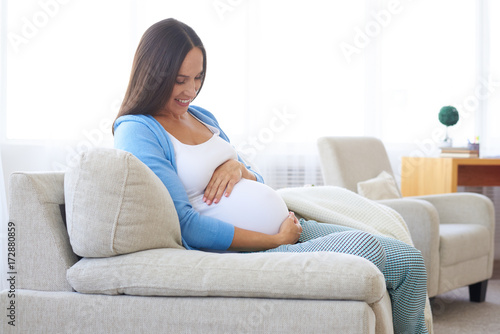 Happy pregnant woman resting at home on the sofa