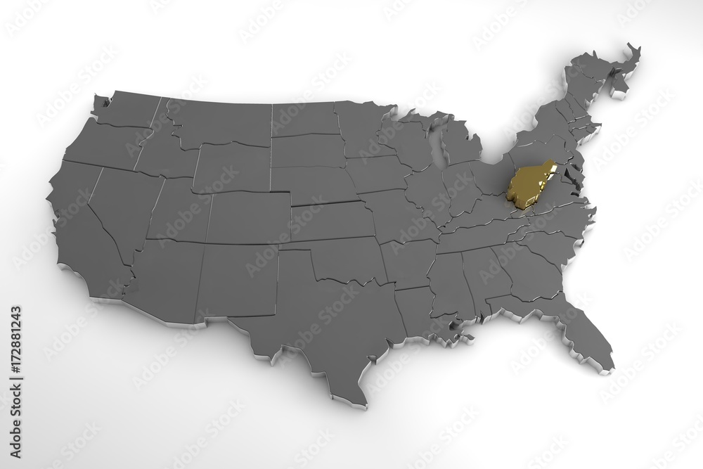 United States of America, 3d metallic map, with West Virginia state highlighted. 3d render