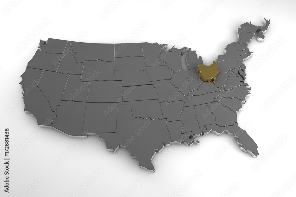 United States of America, 3d metallic map, with Ohio state highlighted. 3d render