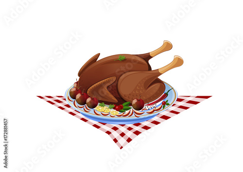 Roast turkey on a plate. Fried chicken with garnish. Vector illustration isolated on white background