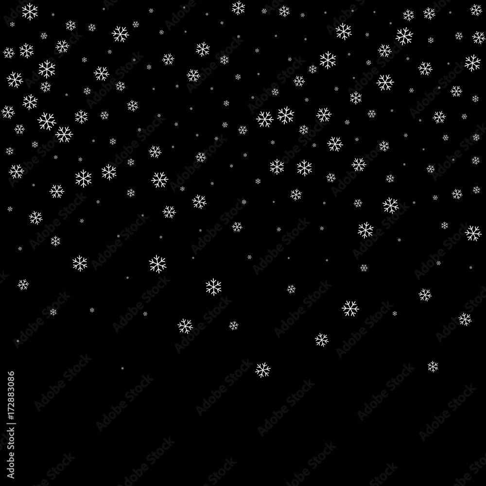 Christmas winter black background with Christmas falling snowflakes. White elegant snowfall Christmas background. Happy New Year card design for holiday, winter Xmas decoration Vector illustration Christmas winter black background with Christmas falling snowflakes. White elegant snowfall Christmas background. Happy New Year card design for holiday, winter Xmas decoration Vector illustration