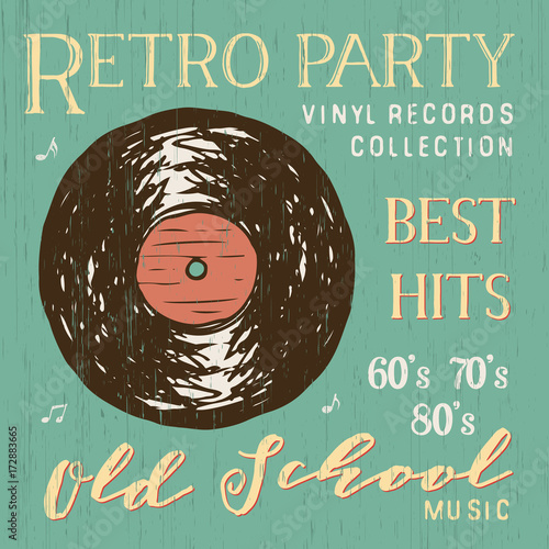 T-shirt design, retro party with vinyl record typography graphics, vector illustration