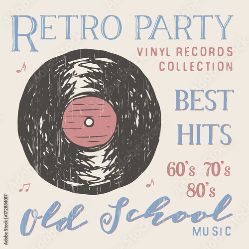 T-shirt design, retro party with vinyl record typography graphics, vector illustration
