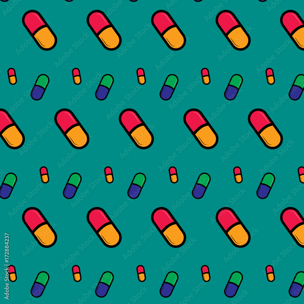 Vector seamless pattern with Pills tablets in line style. Vector seamless pattern with Pills tablets in line style.